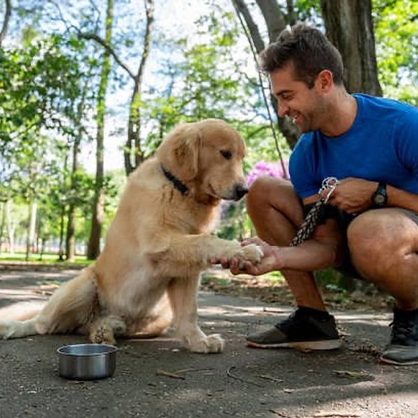 Golden Retriever shaking hands with its trainer
